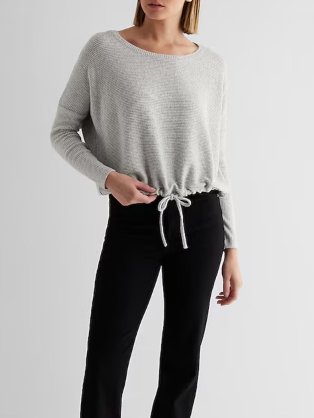 MICHAEL KORS Gray Ribbed Crop Length Long-Sleeve Drawstring Top S NWOT